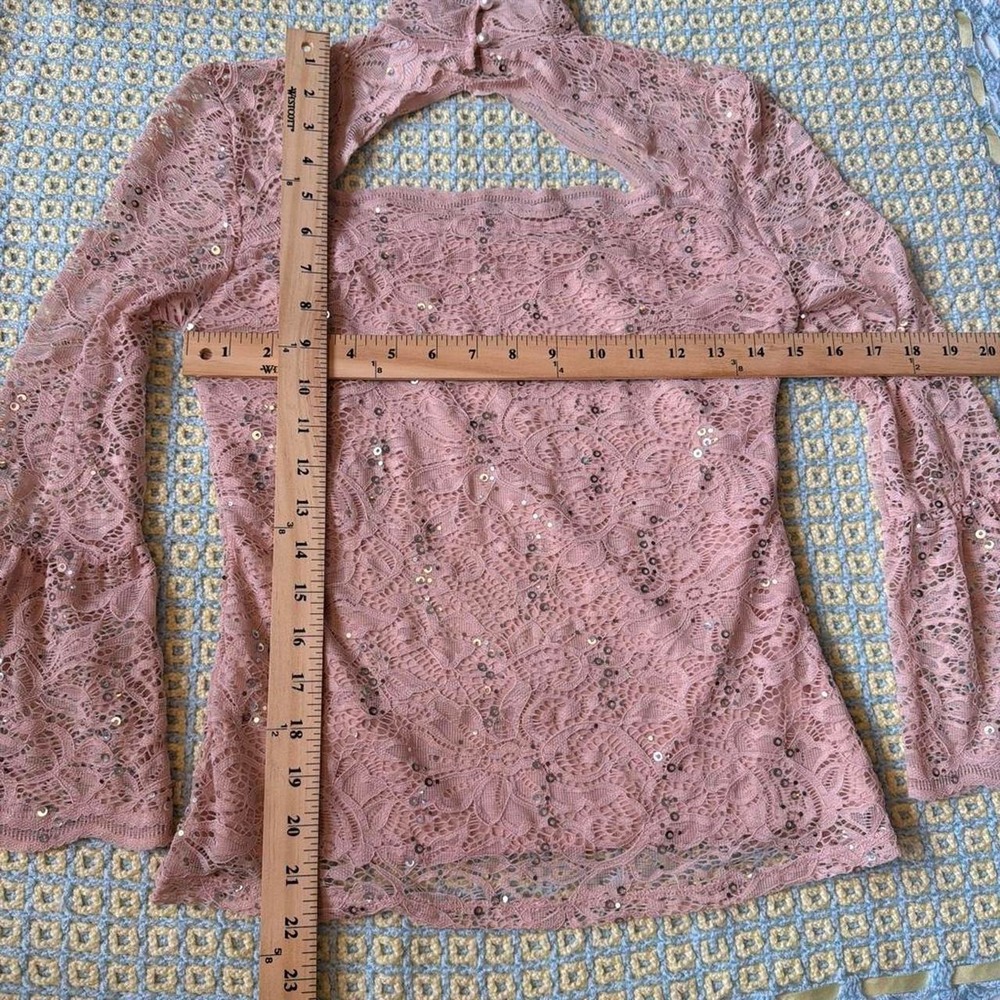 Venus Pink Lace Sequin Fairycore Mock Neck Bell Sleeve Top Size 4 Small - Picture 7 of 7